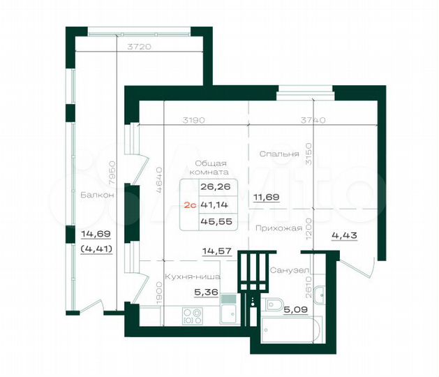 2-к. квартира, 45,5 м², 15/21 эт.