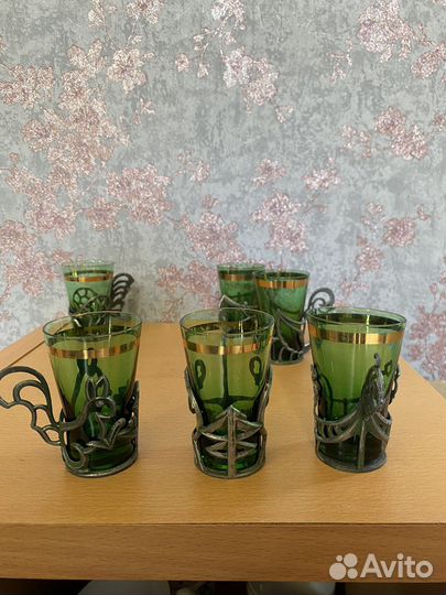Стопки зеленое стекло в подстаканнике СССР