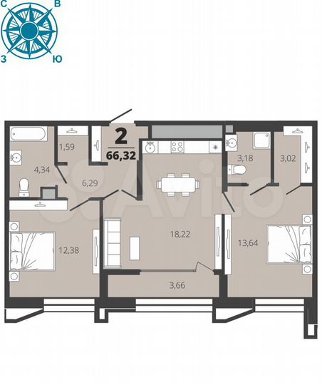 2-к. квартира, 66,3 м², 12/19 эт.