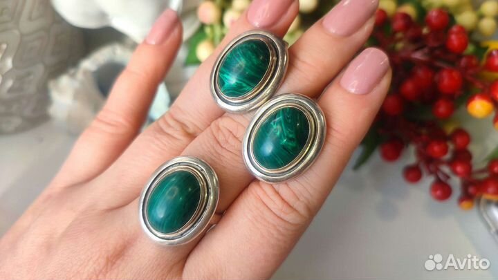 Винтаж комплект с малахитом, 22,31 гр, 19 р-р, 925