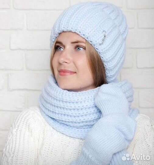 Шапка снуд варежки, новый комплект зимний подарок
