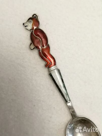 Чайная ложка. Серебро 916 проба. Мишка. Эмаль