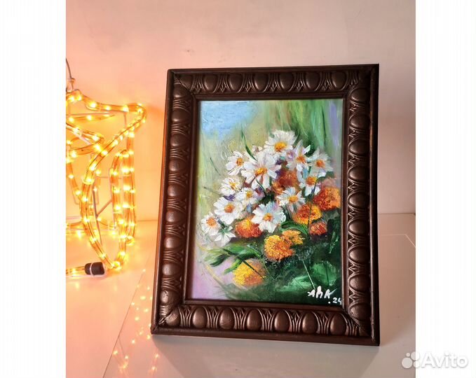Ромашки, картина полевые цветы. Масло 18х24 в раме