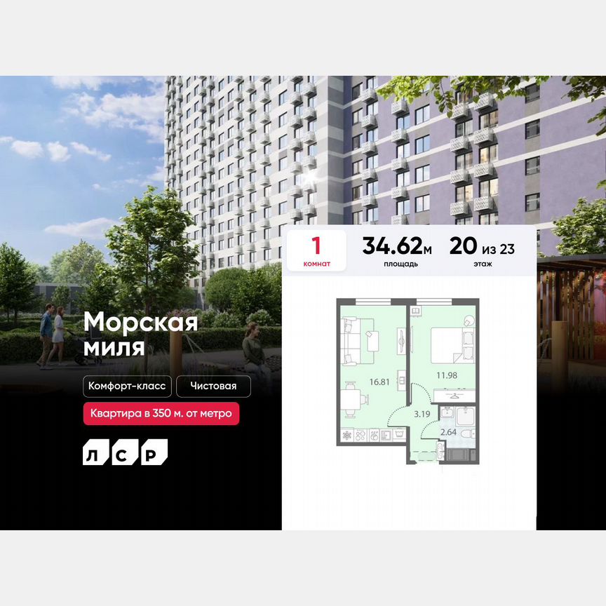 1-к. квартира, 34,6 м², 20/23 эт.