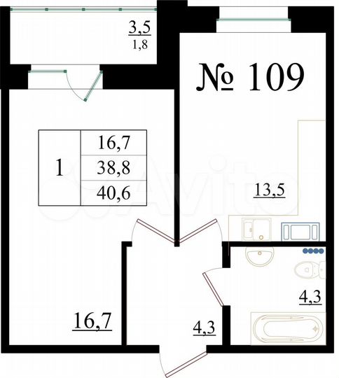 1-к. квартира, 40,6 м², 5/8 эт.