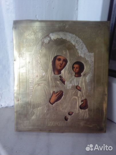 Старинная икона Иверская Богородица в киоте.Письмо