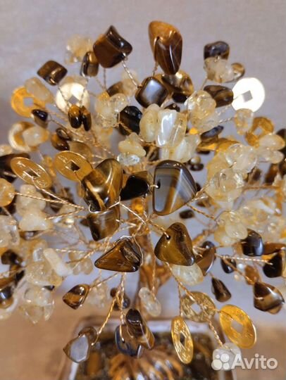 Дерево счастья из цитрина, тиг.глаза с монетками