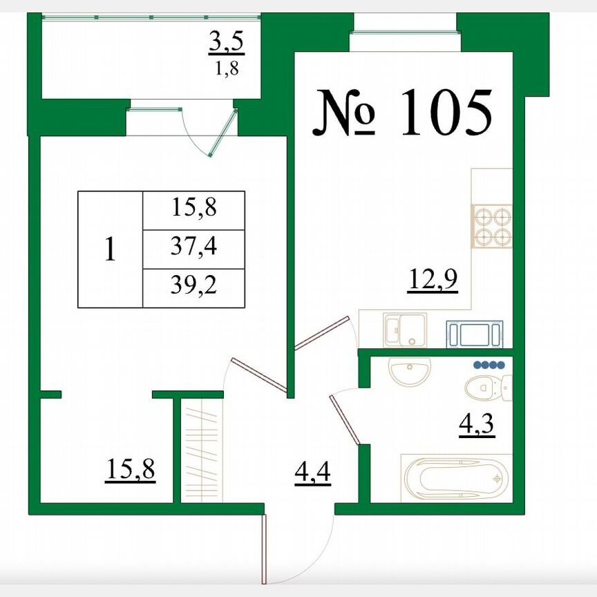 1-к. квартира, 39,2 м², 7/8 эт.