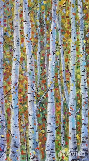 Картина маслом русский пейзаж, берёзки, осень