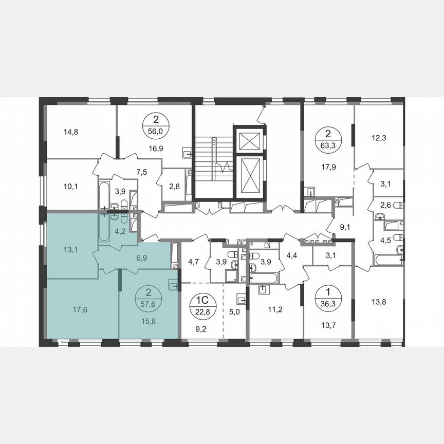2-к. квартира, 57,6 м², 13/19 эт.