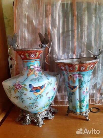 Ваза стрекозы голубая фарфор бронза