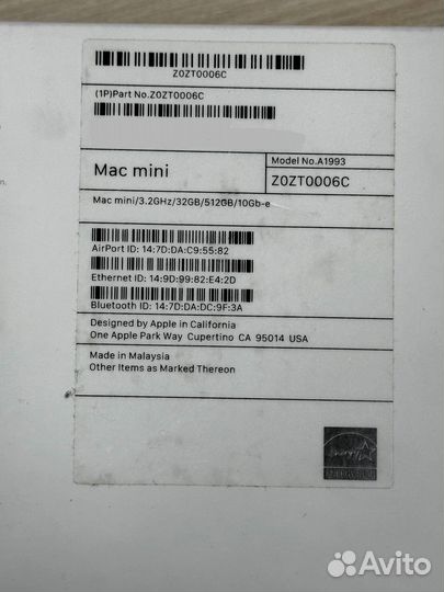 Mac mini 2018 A1993 (i7 3.2 GHz, 32Gb RAM, 512Gb)