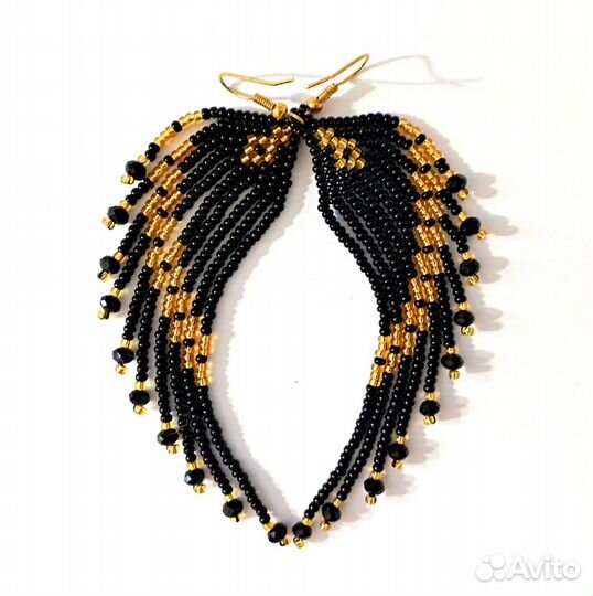 Длинные серьги из бисера Черные крылья с золотом