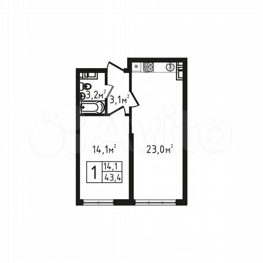 1-к. квартира, 43,4 м², 6/9 эт.