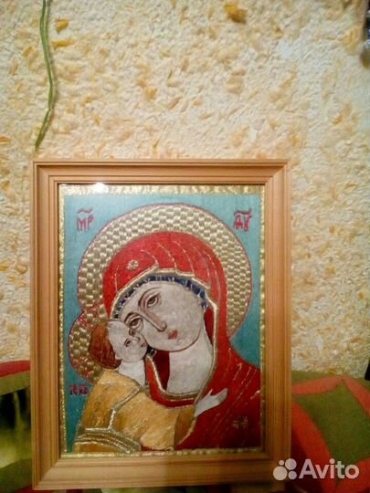 Икона ручная вышивка шелком и метанитью