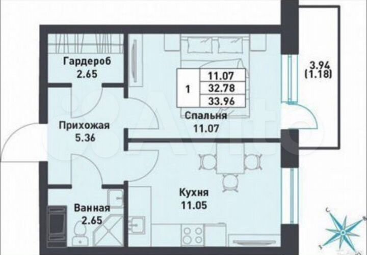 1-к. квартира, 32,8 м², 3/9 эт.
