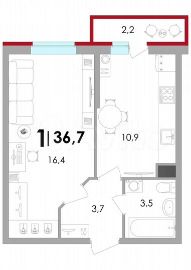 1-к. квартира, 36,7 м², 1/10 эт.