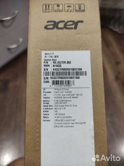 Ноутбук Acer 17.3 Видеокарта 2 GB Geforce 940 mx