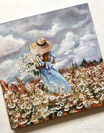 Картина маслом Девушка с ромашками 40х40 см