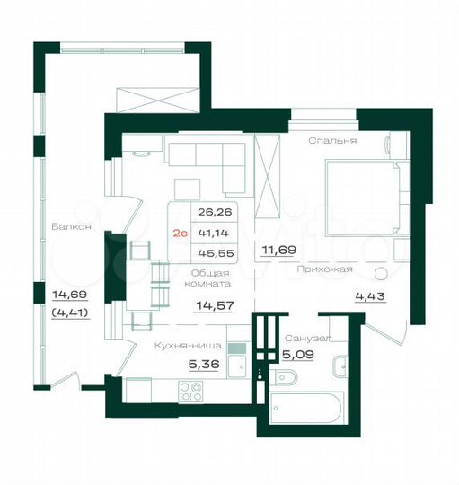 2-к. квартира, 45,5 м², 15/21 эт.
