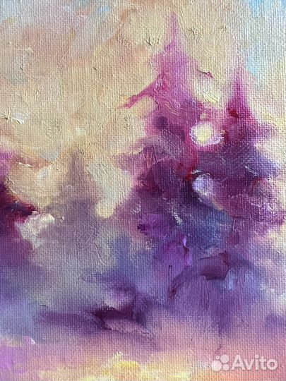 Картина пейзаж, рассвет в лесу, 18/24 см