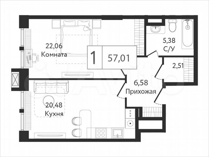 1-к. квартира, 58,1 м², 16/23 эт.