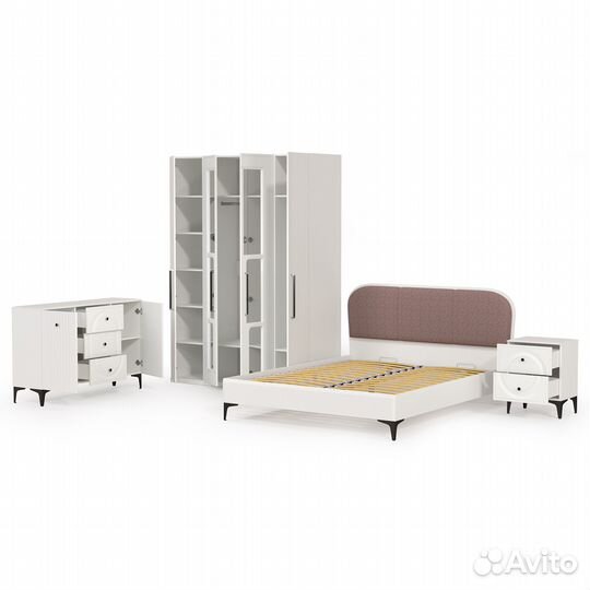 Мебель для спальни Валенсия № 32 двуспальная кровать с мягкой спинкой, цвет белый шагрень