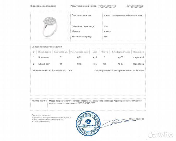 Золотое кольцо с бриллиантами 0.85ct