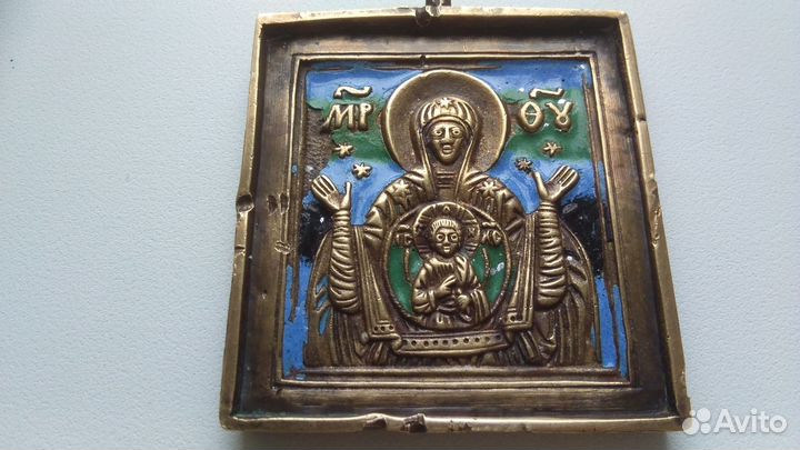 Литая икона Богоматерь Знамение (Оранта) в эмалях