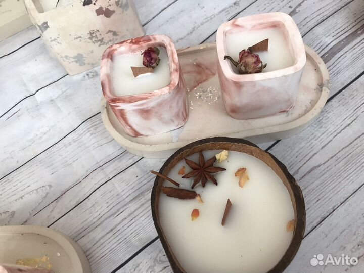 Кокосовые свечи в гипсе, кокосовой скорлупе