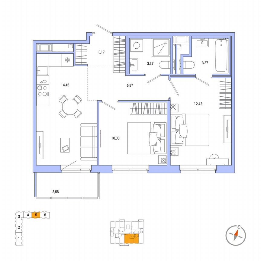 2-к. квартира, 53,4 м², 4/7 эт.