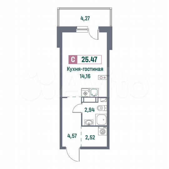 Квартира-студия, 25,5 м², 6/16 эт.