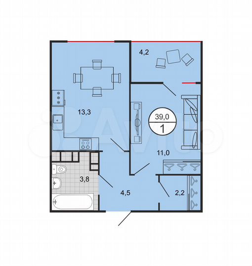 1-к. квартира, 39 м², 7/19 эт.