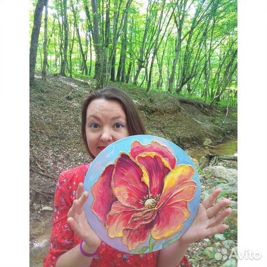 Картина Маки цветы маслом интерьерная с золотом