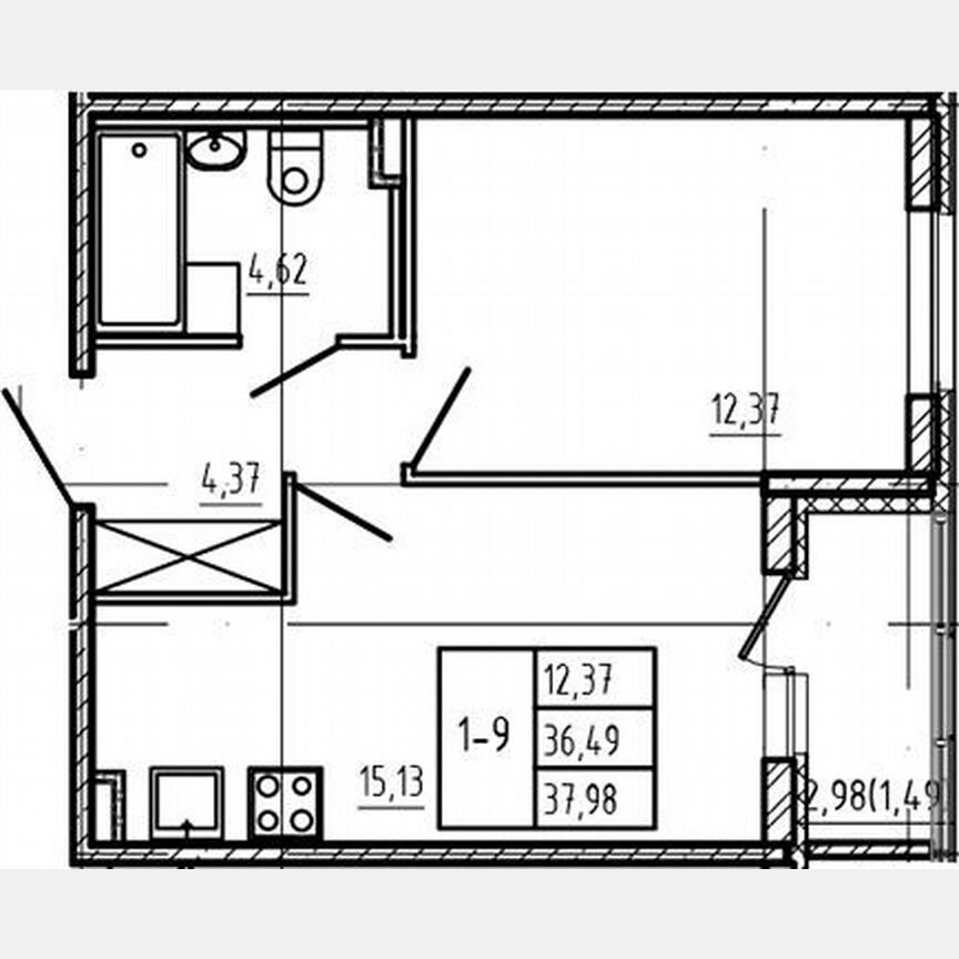 1-к. квартира, 36,5 м², 1/4 эт.