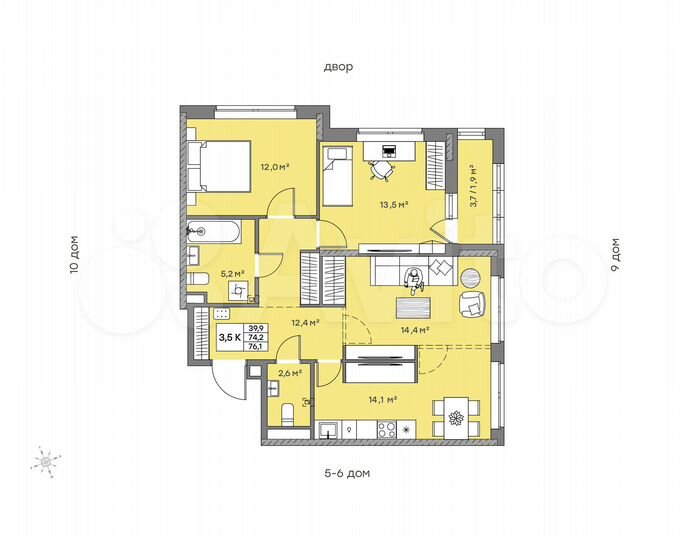 3-к. квартира, 76,1 м², 6/14 эт.