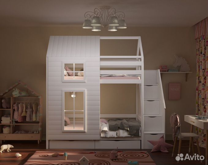 Детская двухъярусная 160х80 кроватка домик