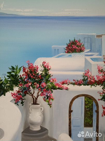 Картина авторская масло холст Санторини море отдых