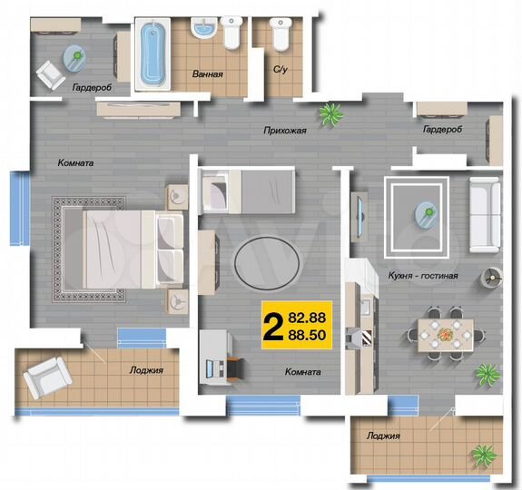 2-к. квартира, 88,5 м², 1/16 эт.