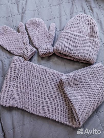 Шапка зимняя комплект снуд варежки перчатки шерсть