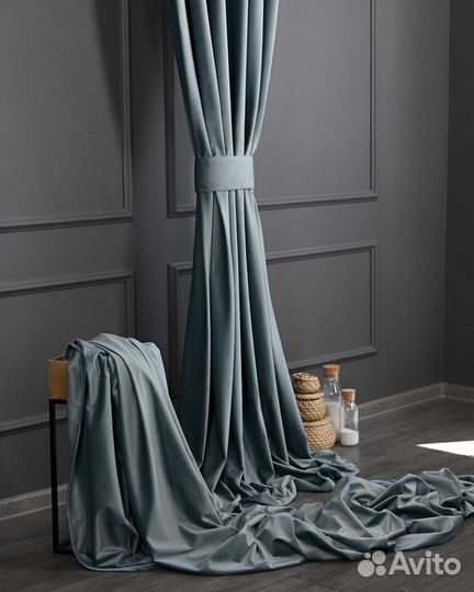 Шторы бархат Беллиссимо Серо-голубой новые пошив