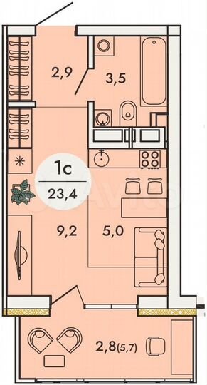 Квартира-студия, 23,4 м², 2/16 эт.