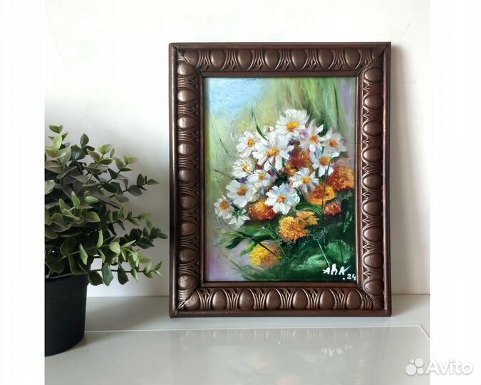 Ромашки, картина полевые цветы. Масло 18х24 в раме