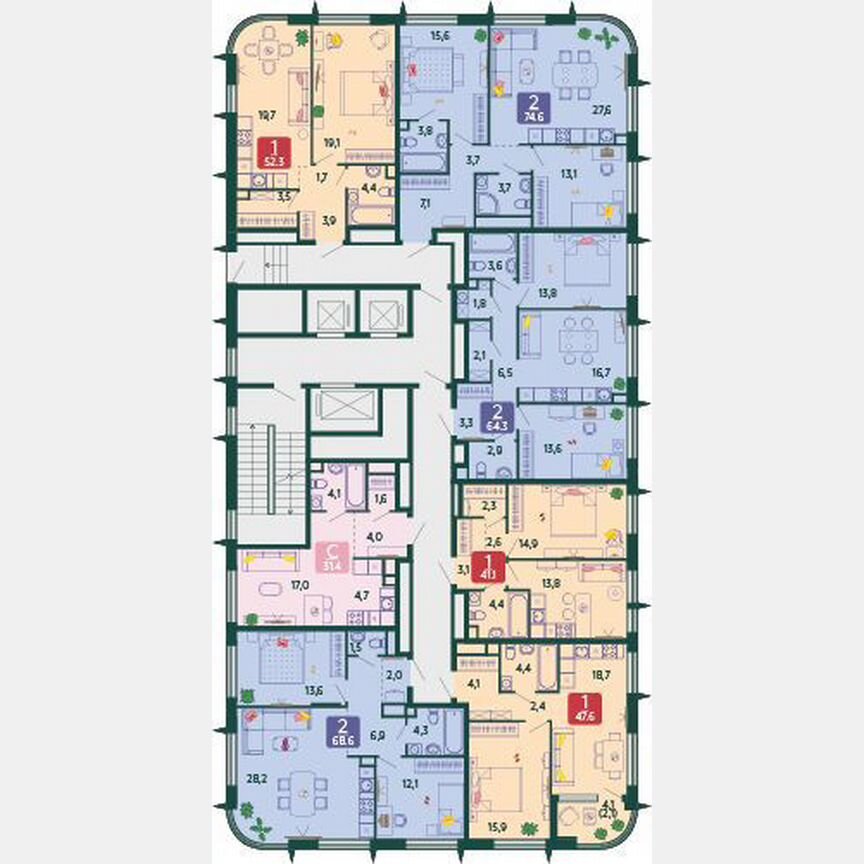 2-к. квартира, 64,3 м², 14/17 эт.