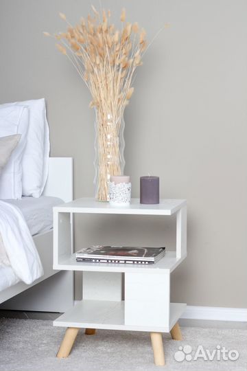 Тумба Прикроватная на деревянных ножках бетон пайн