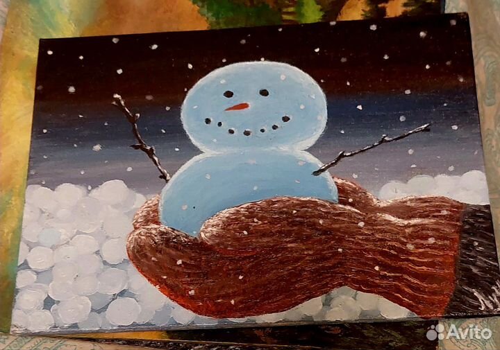 Картина маслом снеговик на ладони