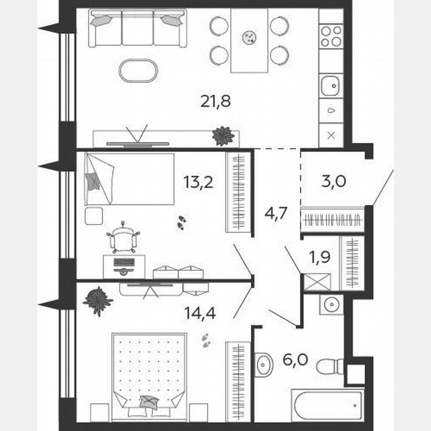2-к. квартира, 65 м², 14/17 эт.