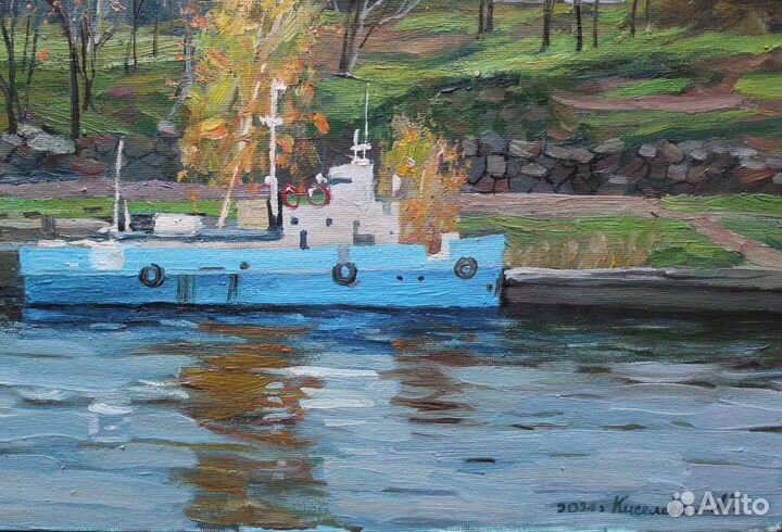 Картина маслом морской пейзажи лодки причал осень