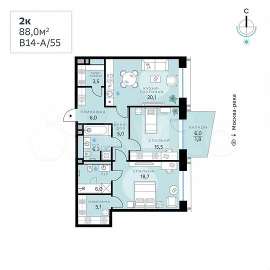 2-к. квартира, 88 м², 5/12 эт.