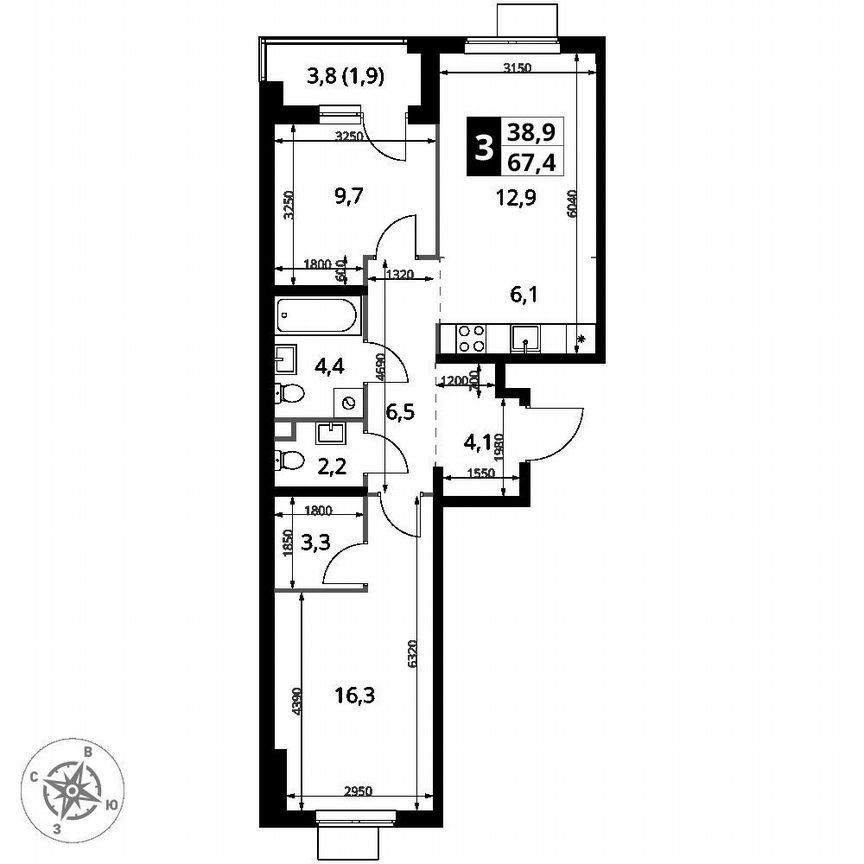 2-к. квартира, 67,4 м², 12/23 эт.